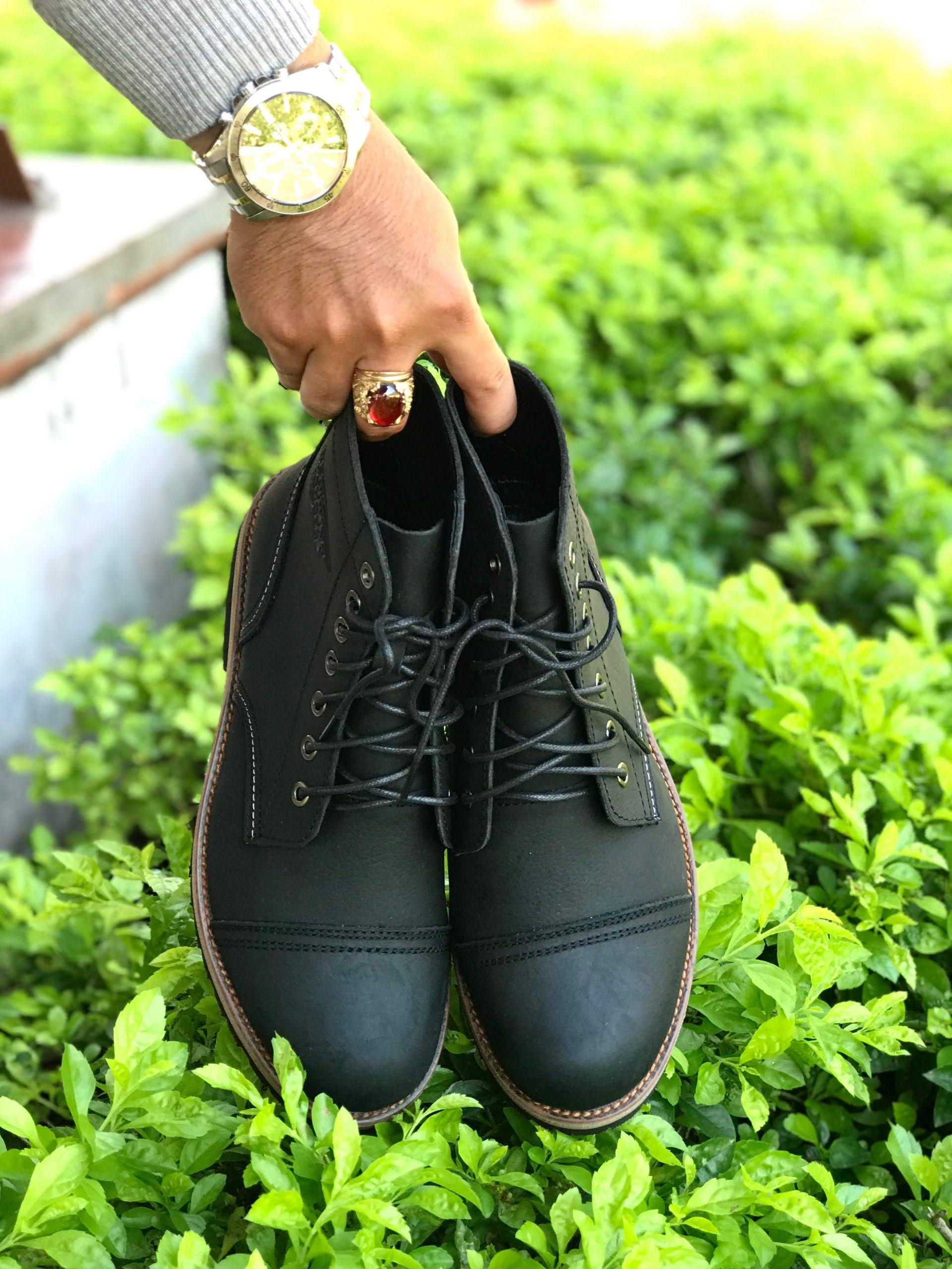 Giày Boot Nam Cao Cổ Buộc Dây Da Bò Thật Nguyên Tấm HN678Black - (Tặng Xi/Vớ/Lót Giày)