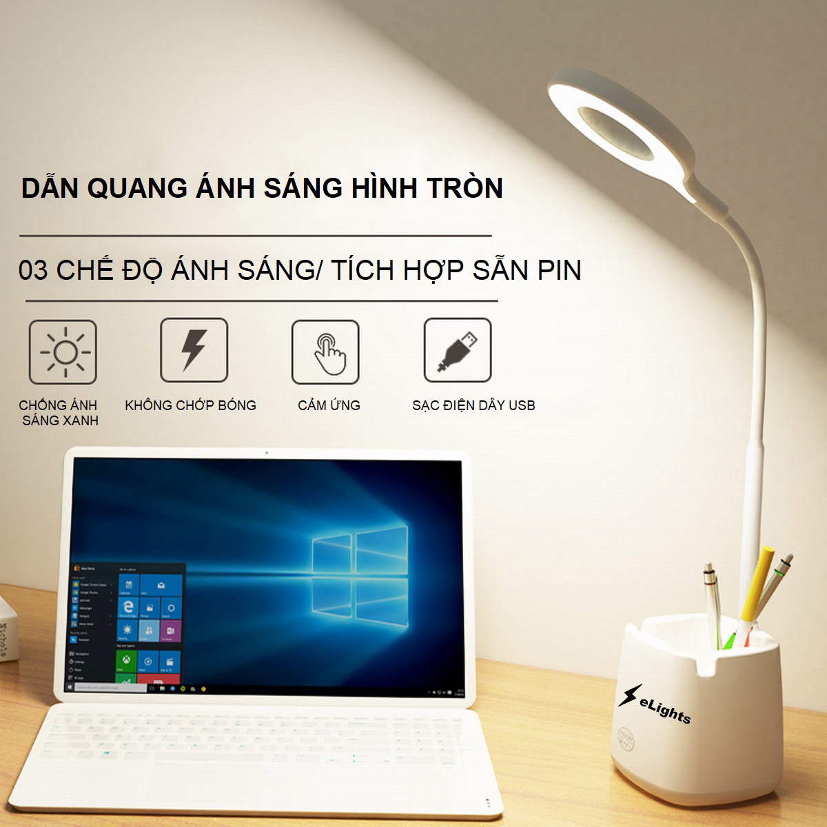 Đèn Bàn Học Đọc Sách, Làm Việc LED Chống Cận, Cảm Ứng Tích Điện Pin 2500mAh Elights BT-618