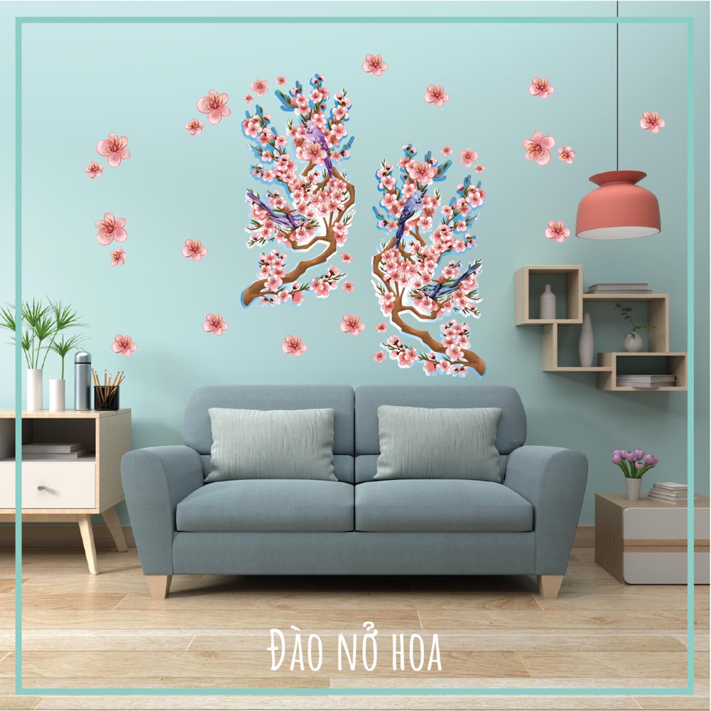 Đào Nở Hoa - Bộ 2 tấm 40x80cm decal trang trí tết