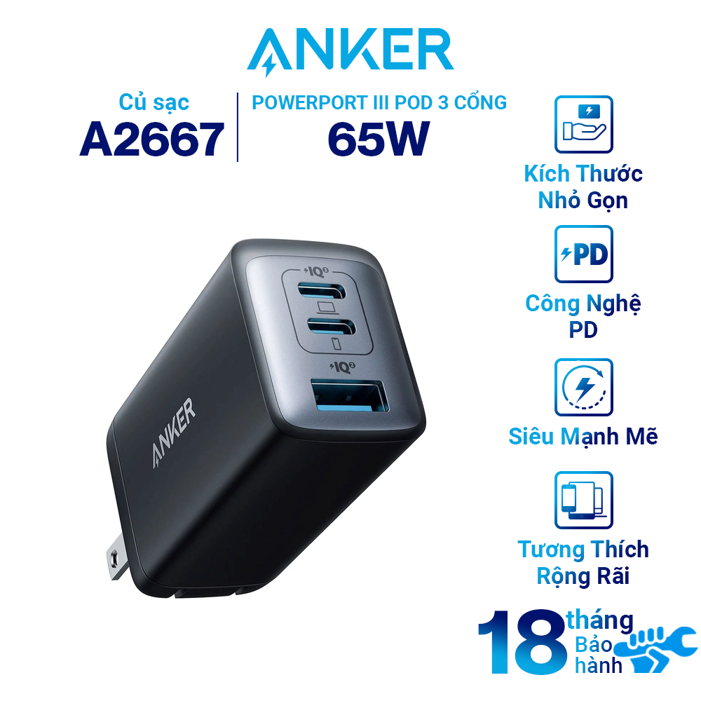 Hình ảnh Adapter Sạc ANKER Powerport III Pod 735 3 Cổng 65W Type-C và USB-A Có Thể Gấp Gọn - A2667 - Hàng Chính Hãng