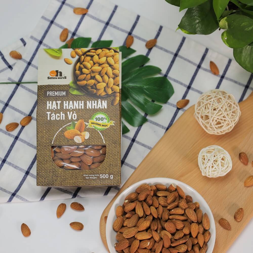 Hạt Hạnh Nhân Tách Vỏ Nướng Mộc Smile Nuts Hộp Giấy 500g - Hạnh nhân nhập khẩu từ Mỹ, nướng mộc giòn rụm, thơm ngon