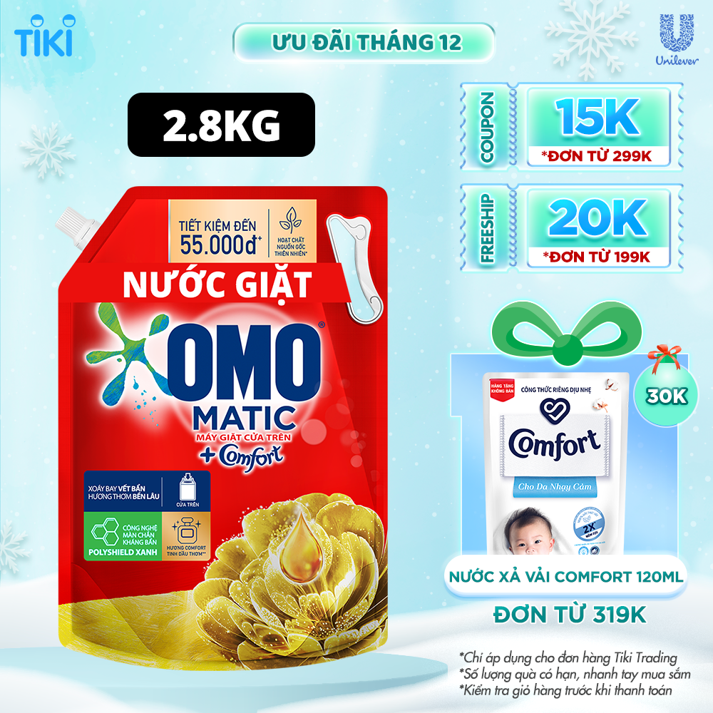 Túi Nước Giặt Omo Matic Comfort Cho Máy Giặt Cửa Trên Hương Tinh Dầu Thơm Xoáy Bay Vết Bẩn, Hương Thơm Bền Lâu 2.8Kg