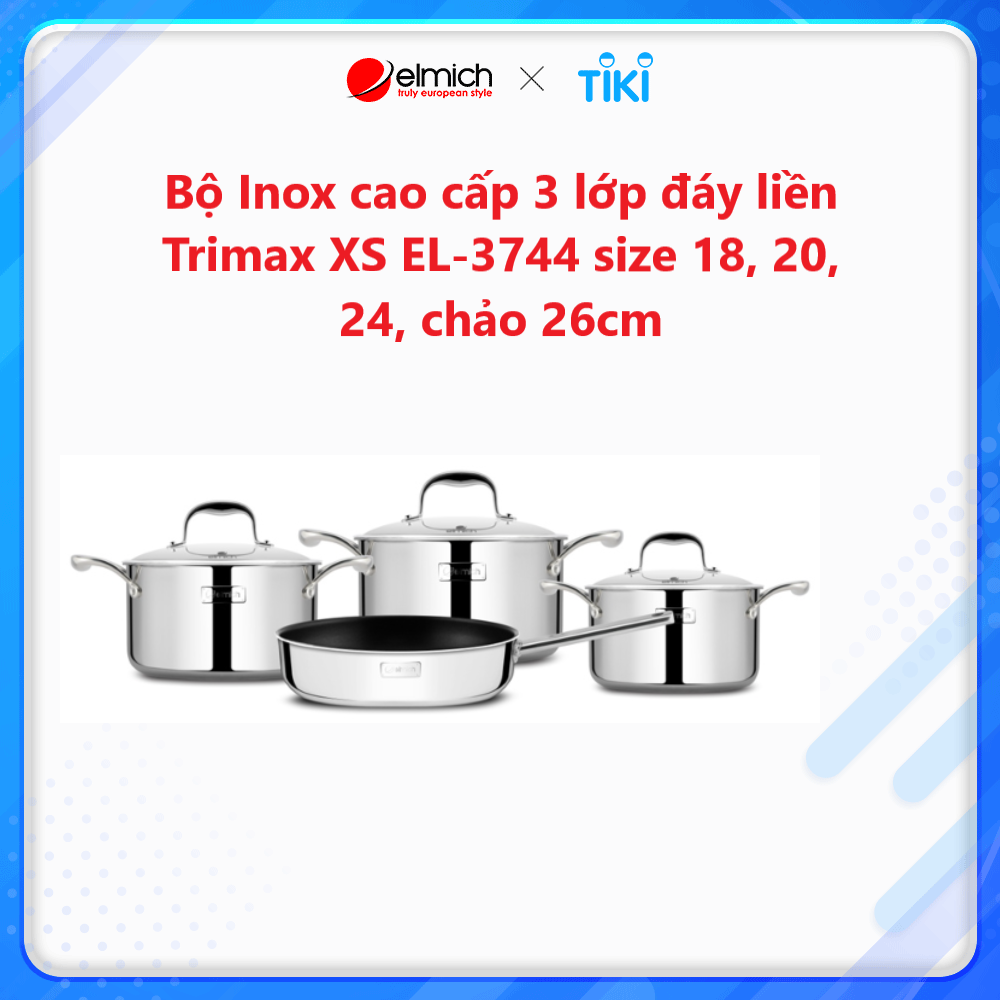 Bộ Inox cao cấp 3 lớp đáy liền Elmich Tri-max XS EL-3744 size 18, 20, 24, chảo 26Cm