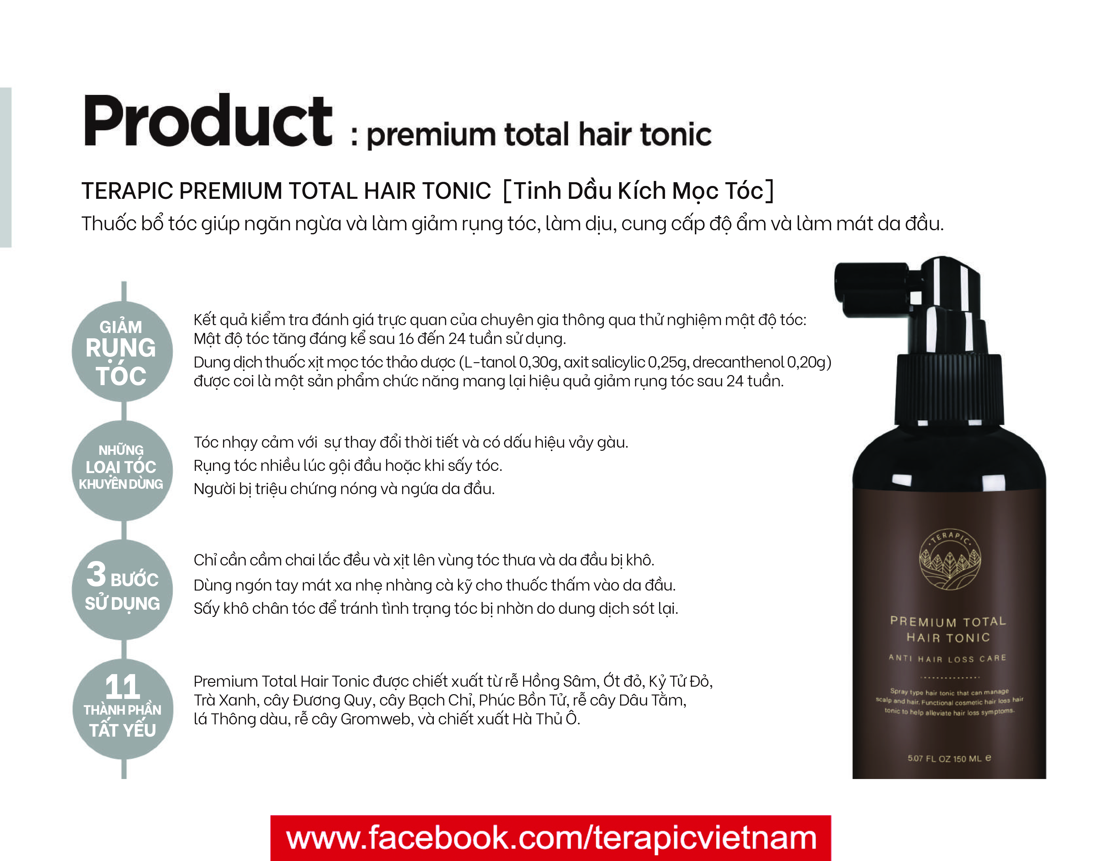 Xịt Dưỡng Tóc Kích Mọc TERAPIC Premium Total Hair Tonic 150 ml
