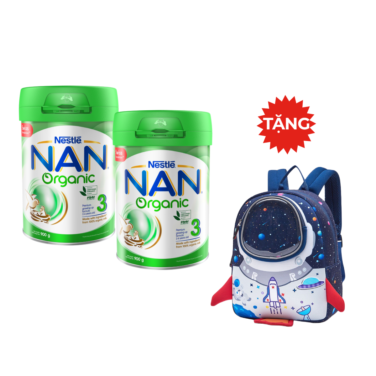 Combo 2 sản phẩm dinh dưỡng công thức Nestle NAN ORGANIC 3(Lon 900g) – Tặng Balo phi thuyền