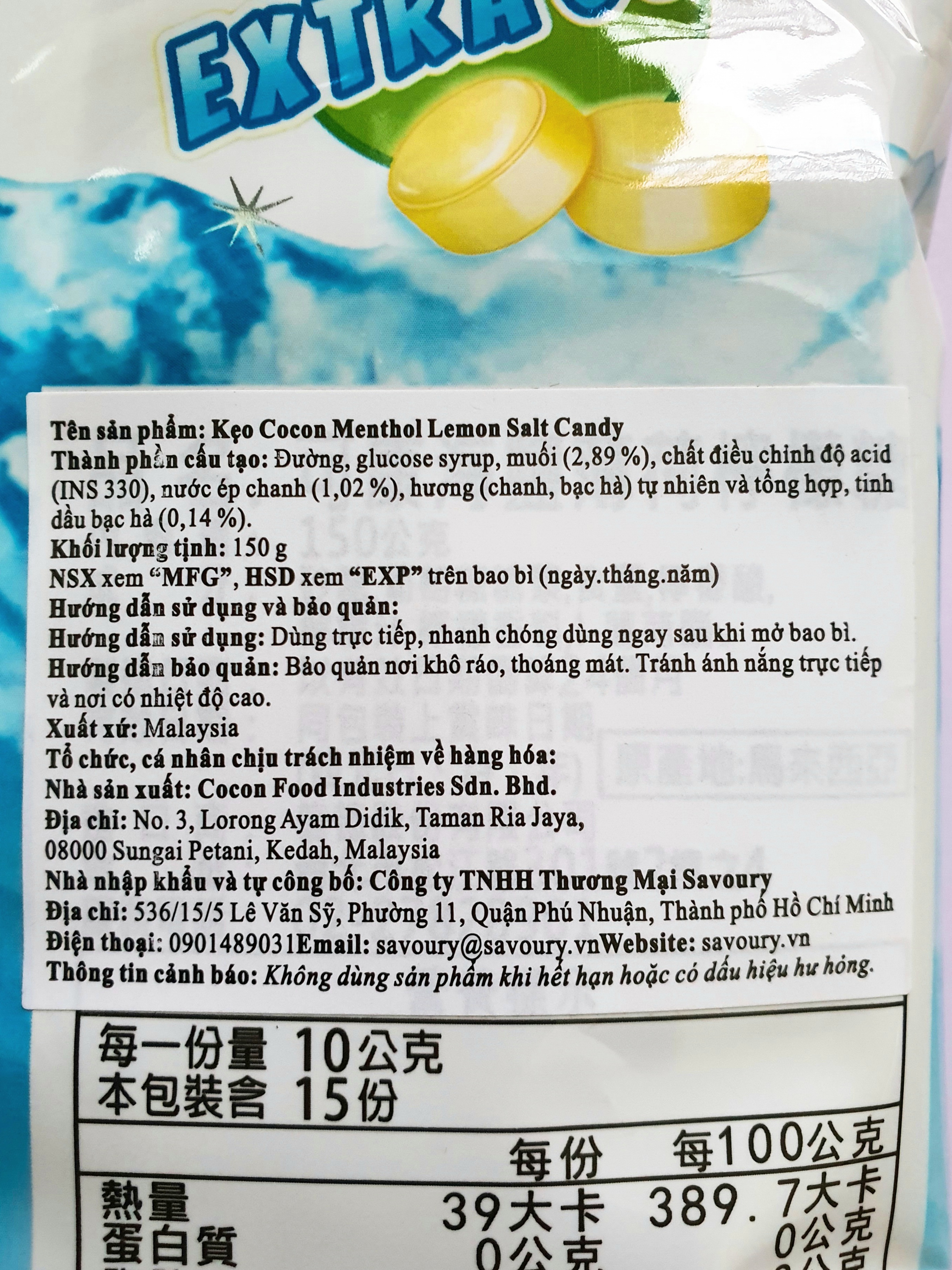 KẸO CHANH MUỐI BẠC HÀ - COCON MENTHOL LEMON SALT CANDY (Gói 150gr)