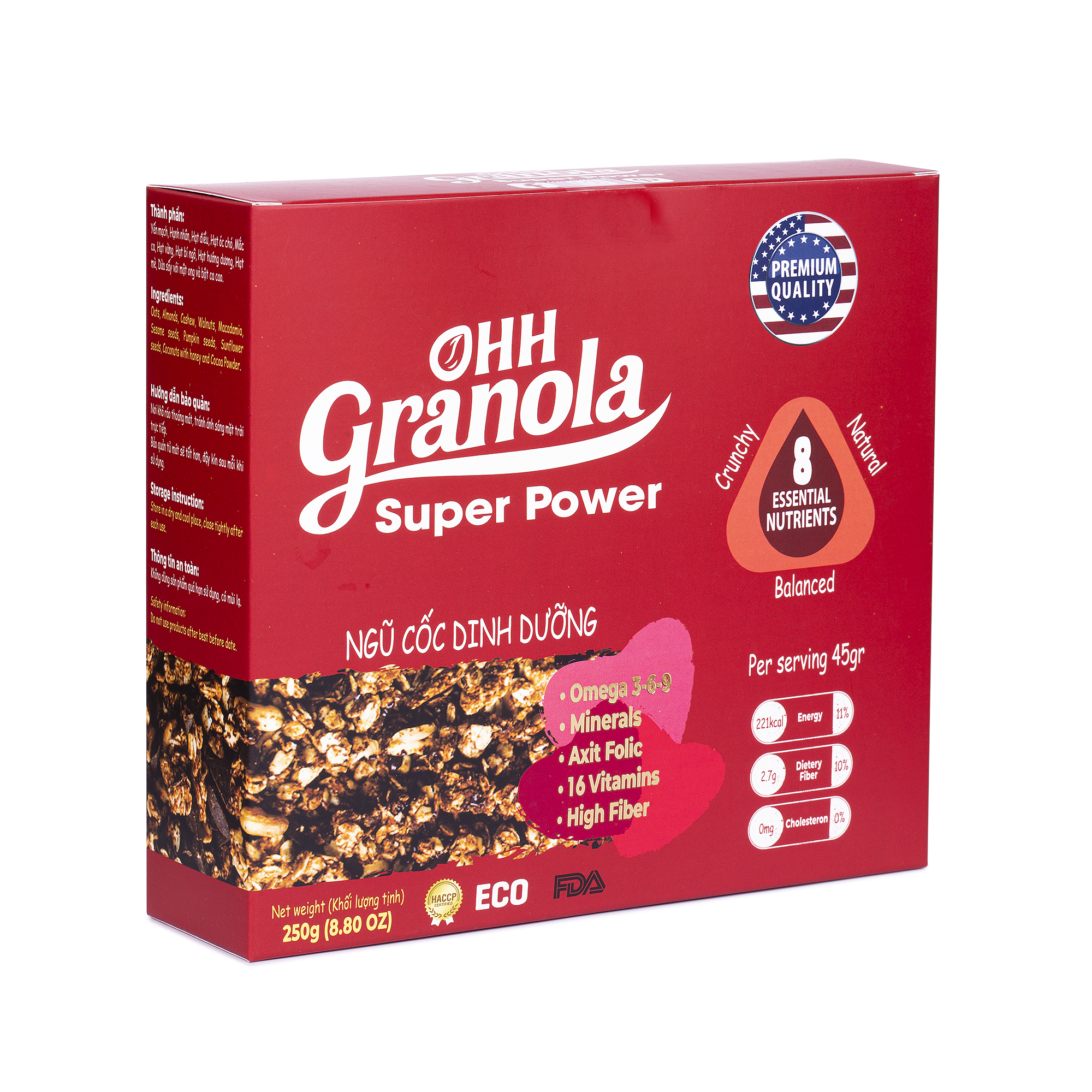Giảm Cân Ngũ Cốc Tăng Cơ Giàu Năng Lượng  Chocolate Đen - Super Power (Ohh - Granola) Tiêu Chuẩn FDA Hoa Kỳ, Hộp 250g