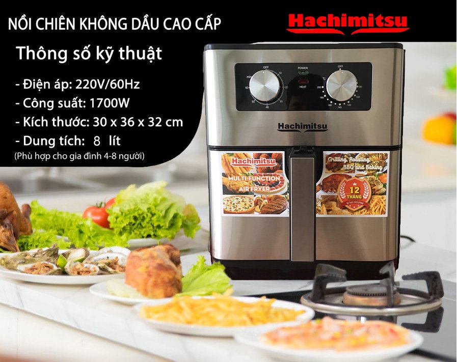 Nồi Chiên Không Dầu 8L- Điều Khiển Cơ- Hachimitsu HC688- Hàng Chính Hãng