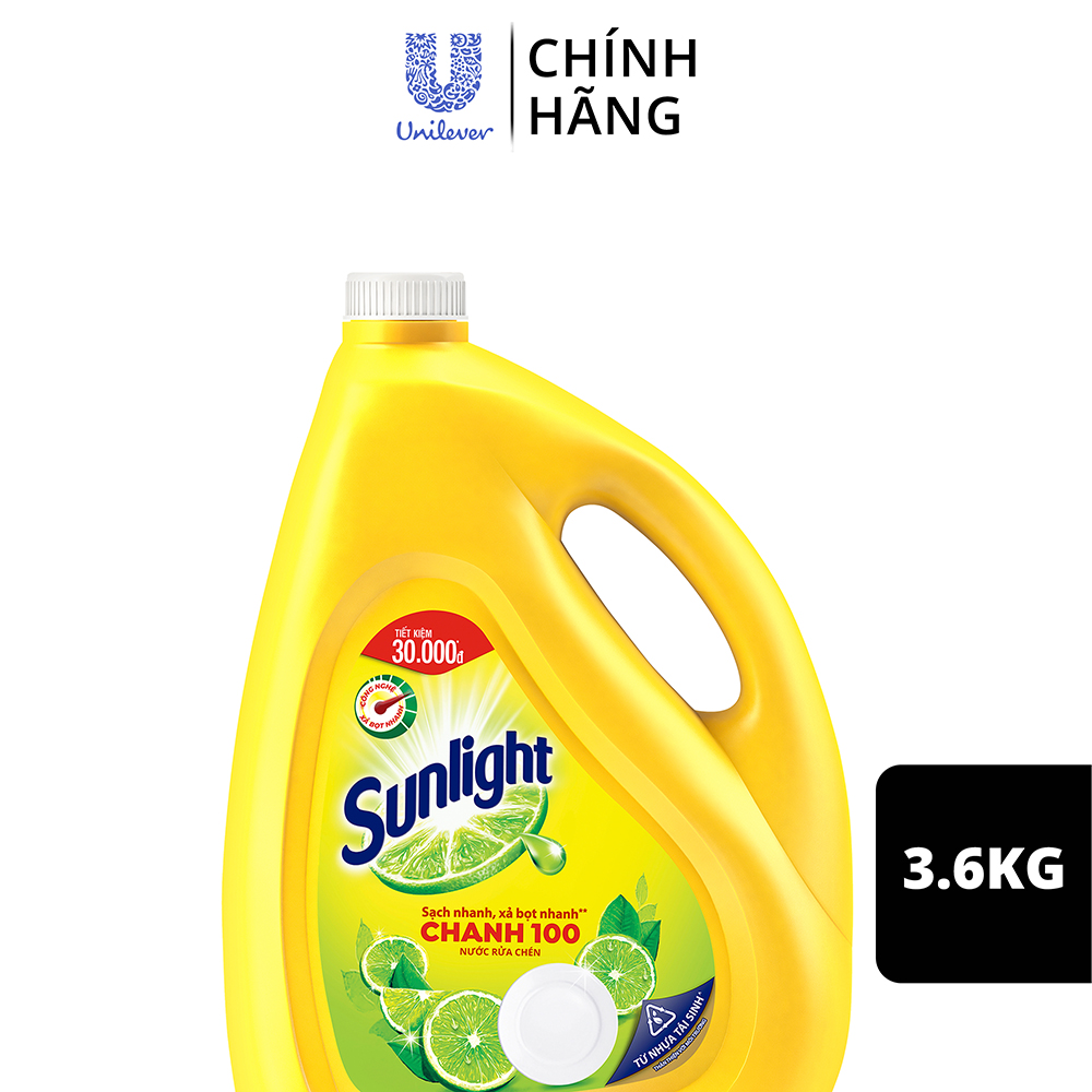 Nước Rửa Chén Bát Sunlight Chanh 100 Sạch Nhanh Xả Bọt Nhanh Rửa Sạch Dầu Mỡ 3.6kg