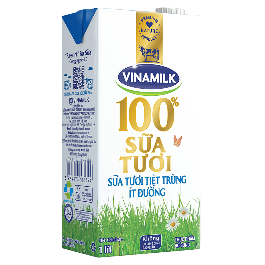 Thùng 12 Hộp Sữa Tươi Tiệt Trùng Vinamilk 100% Ít Đường