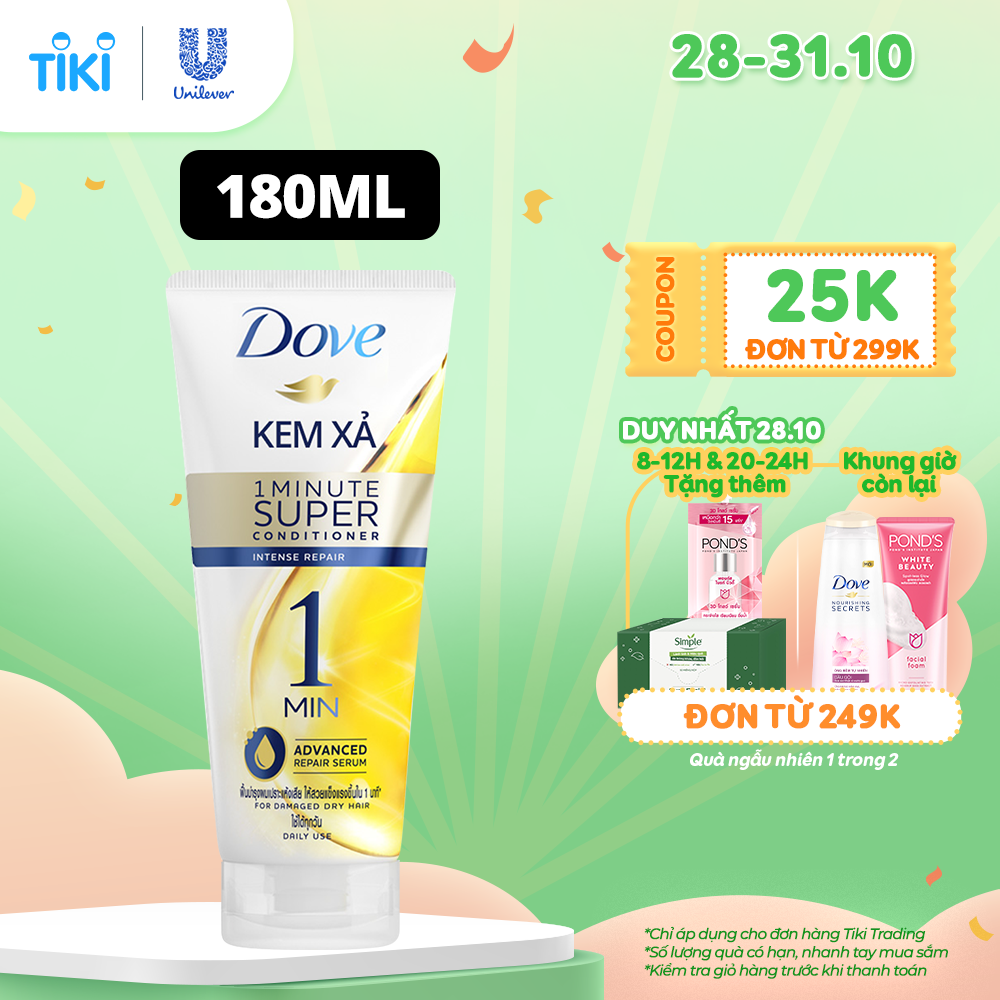 Kem Xả Dove Phục Hồi Hư Tổn 1 Phút Siêu Dưỡng Có Tinh Chất Serum Dưỡng Tóc Cao Cấp, Phục Hồi Tóc Mềm Mượt 180ml