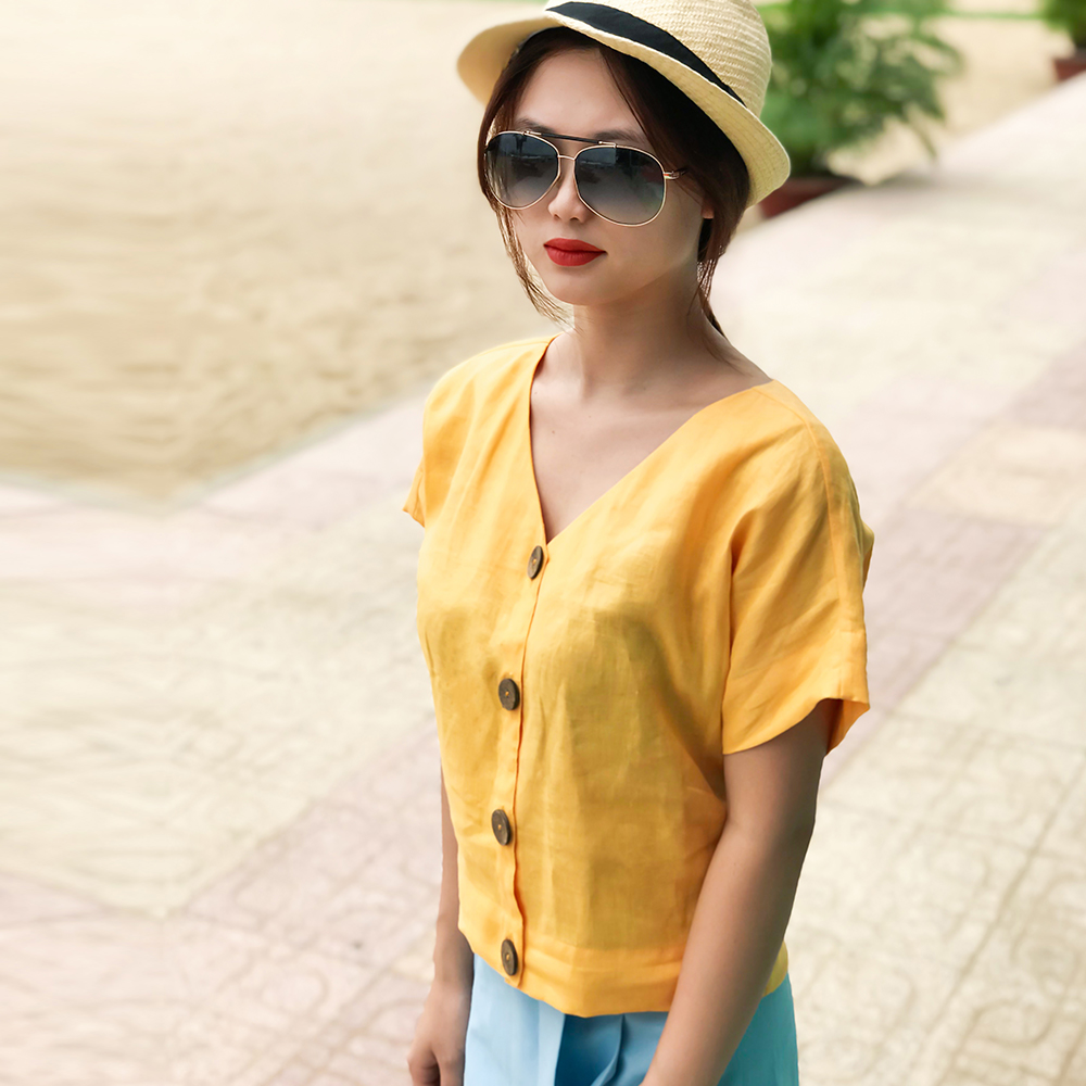 Áo Croptop Linen Áo Kiểu Đẹp Thời trang thiết kế Hity TOP134 (Vàng Mù Tạt)