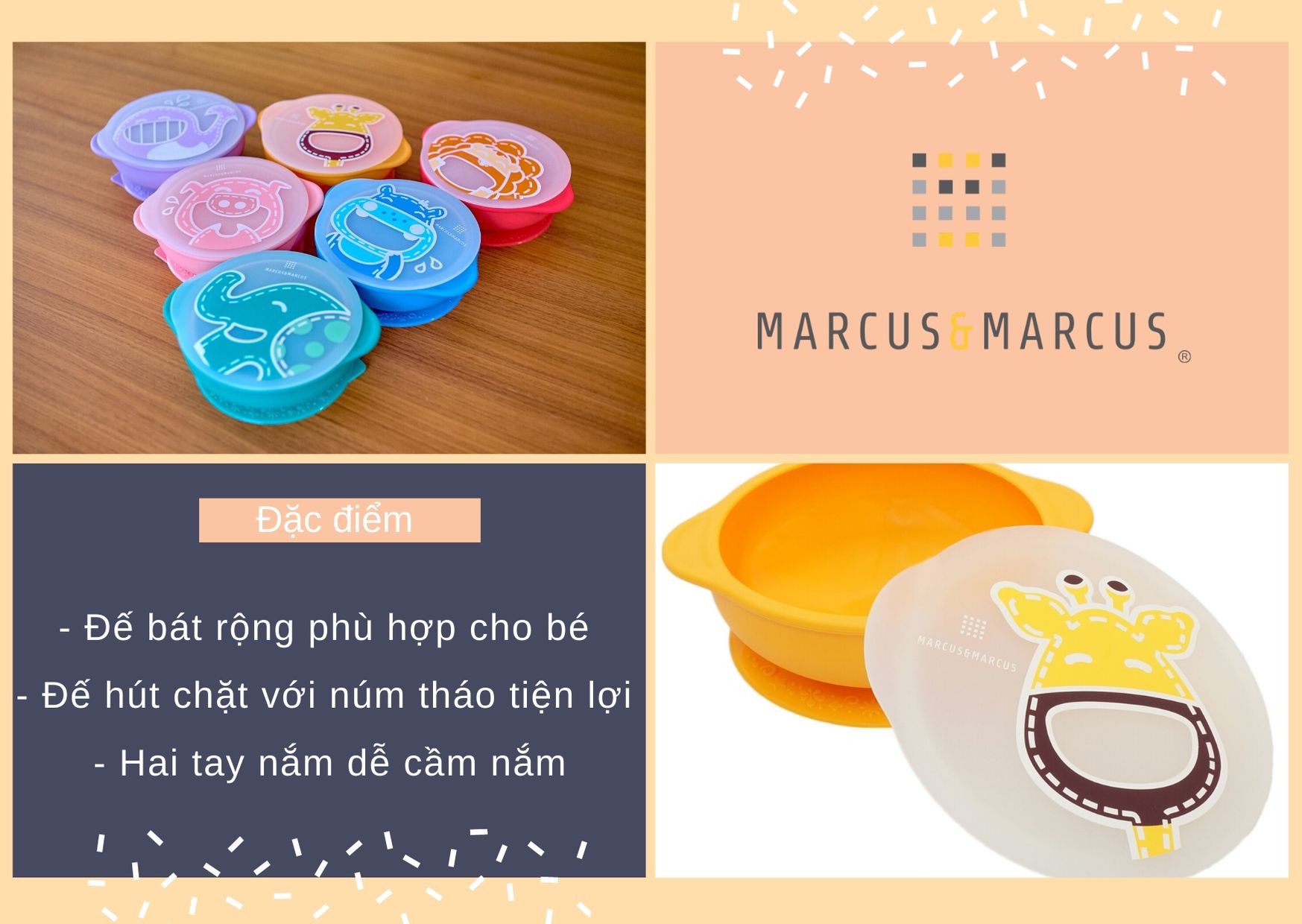 Bát tập ăn silicon có nắp và đế hút chân không chống đổ cho bé Marcus &amp; Marcus, từ 12 tháng