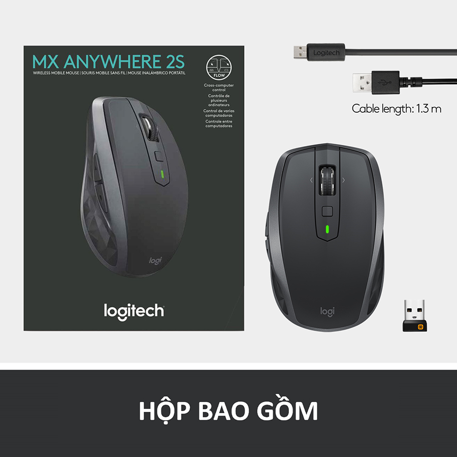 Chuột không dây Bluetooth Logitech MX Anywhere 2s - nhỏ gọn, dùng mọi bề mặt, con lăn HyperFast, sạc nhanh USB-A, phù hợp Mac/ Laptop - Hàng chính hãng