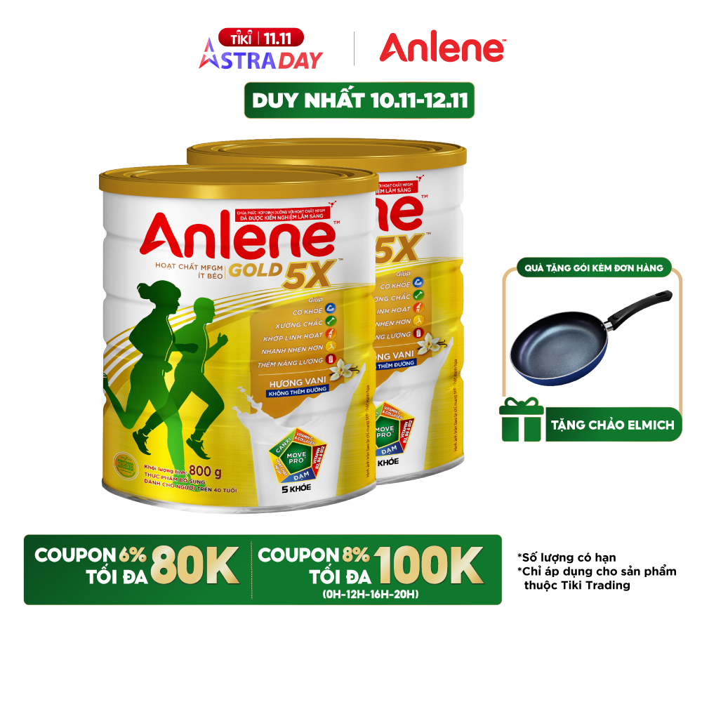 Combo 02 Sữa Bột Anlene Gold 5X Hương Vanilla (Hộp Thiếc 800g) - Tặng chảo Elmich