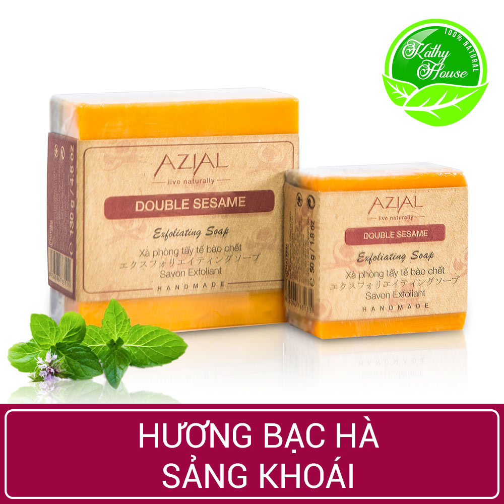 Xà phòng tắm thiên nhiên AZIAL Double Sesame Exfoliating Soap, xà bông cục handmade tẩy tế bào chết, dưỡng ẩm, giúp da sáng mịn, hương thơm Bạc Hà sảng khoái