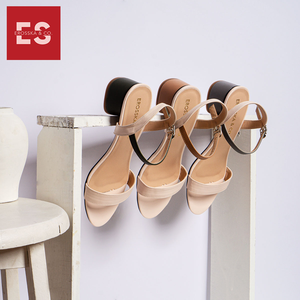 Giày sandal cao gót Erosska thời trang mũi tròn phối dây nhiều màu tinh tế cao 3cm EB019