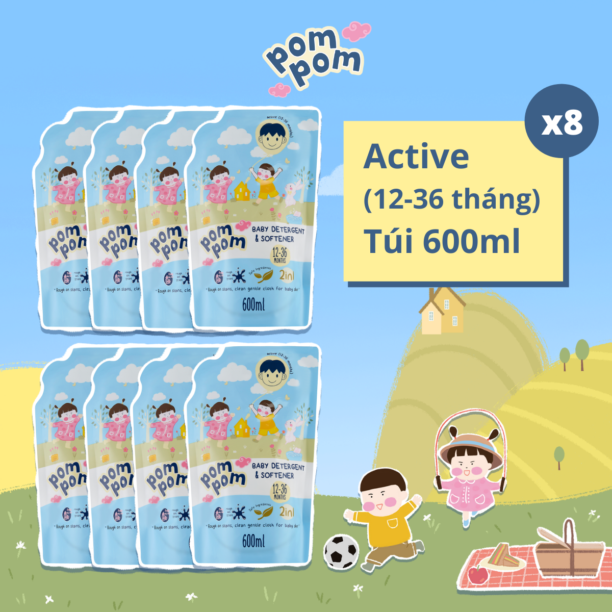 Nước Giặt Xả Pom Pom Active chuyên biệt dành cho bé năng động (12 – 36 tháng) - Thùng 8 Túi 600mL