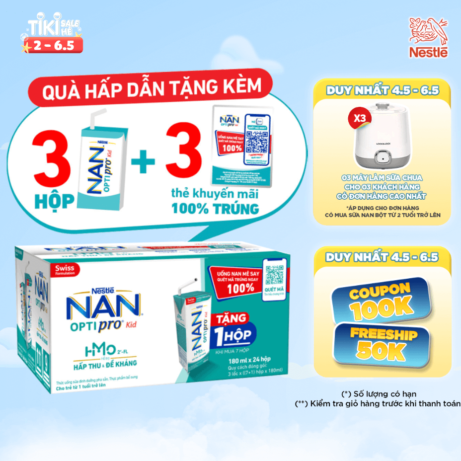 Thùng 24 hộp Sữa pha sẵn Nestlé® NAN® OPTIPRO® Kid Hộp pha sẵn 180ml ( 3x(8x180ml) ) - Mua 7 tặng 1