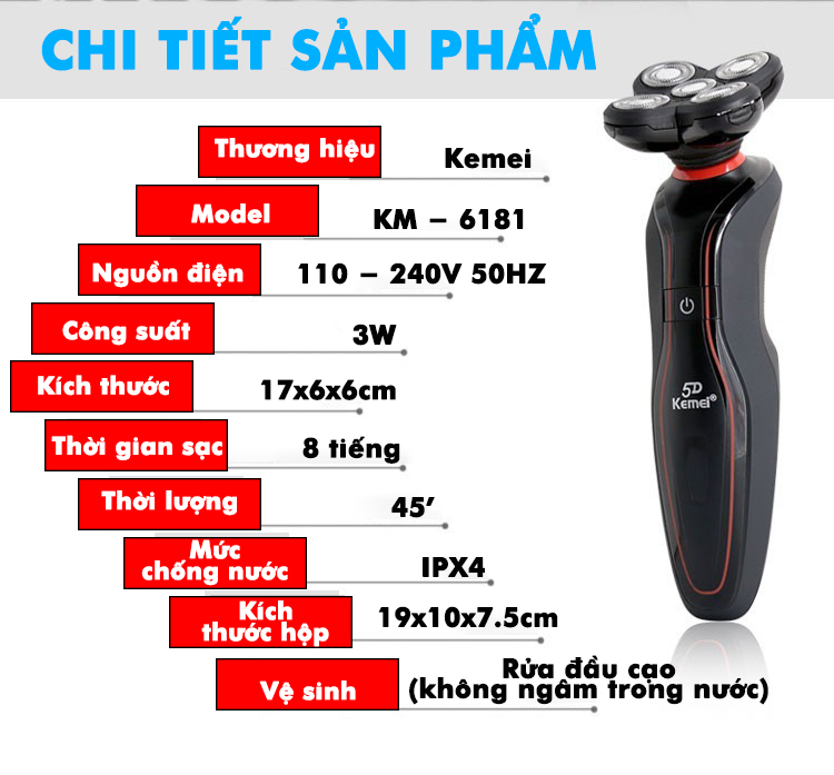 Máy cạo râu 5D Kemei KM-6181 chống thấm nước có thể cạo khô và ướt, có đầu tỉa phụ dùng tỉa tóc mai, ria mép tiện lợi