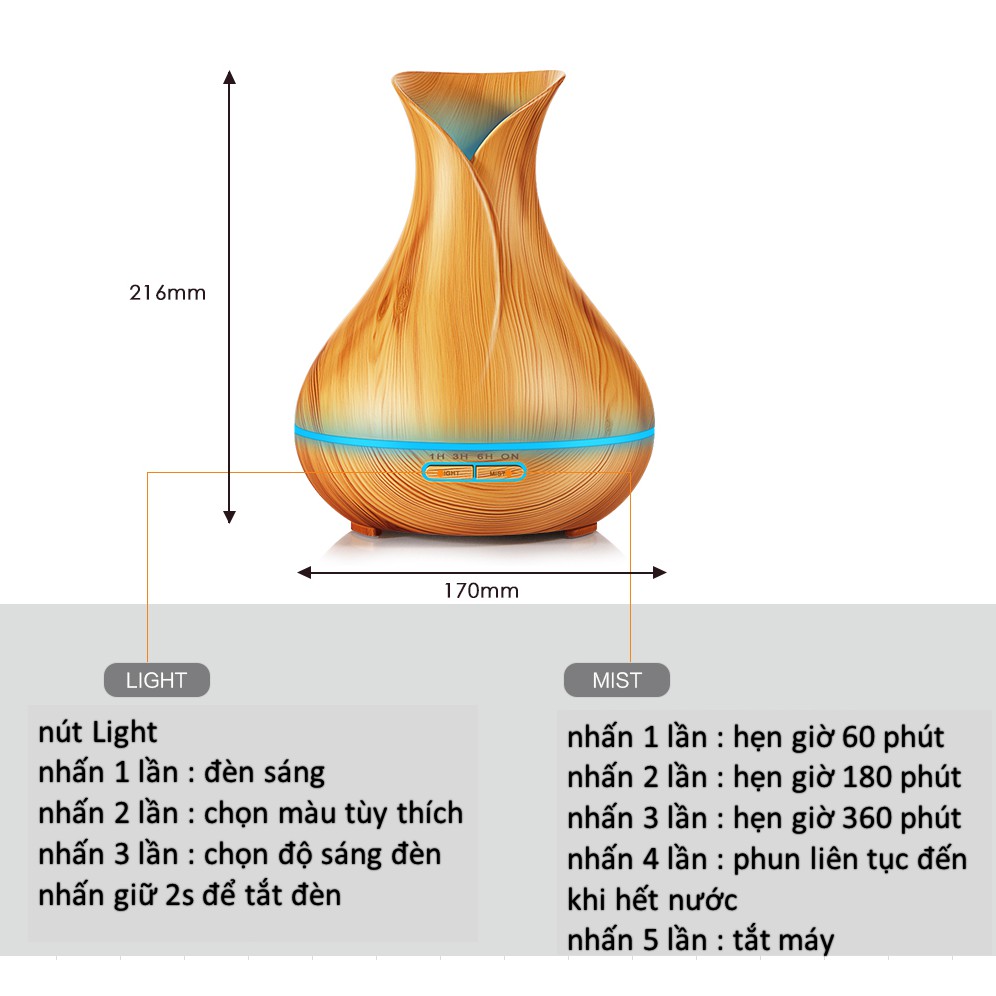 Máy khuếch tán/ máy xông tinh dầu Lorganic FX2021 bình hoa màu vàng/ Phun sương sóng siêu âm/ Thích hợp xông phòng diện tích 15-40m2.