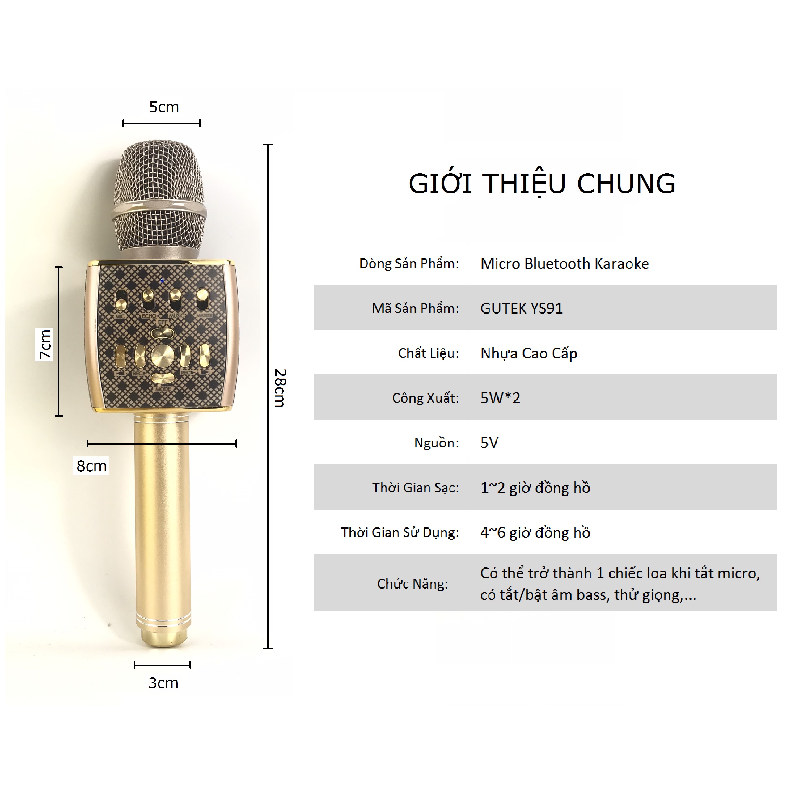 Micro Karaoke Bluetooth Cao Cấp GUTEK YS-95 Tích Hợp Loa Bass Không Dây, Âm Thanh ĐỈnh Cao, Âm Bass Cực Chất, Mic Bắt Giọng Cực Tốt, Hỗ Trợ USB, Thẻ Nhớ, Cổng 3.5, Nhiều Màu Sắc - Hàng Chính Hãng