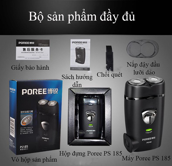 Máy cạo râu sử dụng pin sạc điện Poree PS185 chống thấm nước, lưỡi dao tự làm bén độ bền cao + Tặng Kèm Móc Khóa 4Tech.