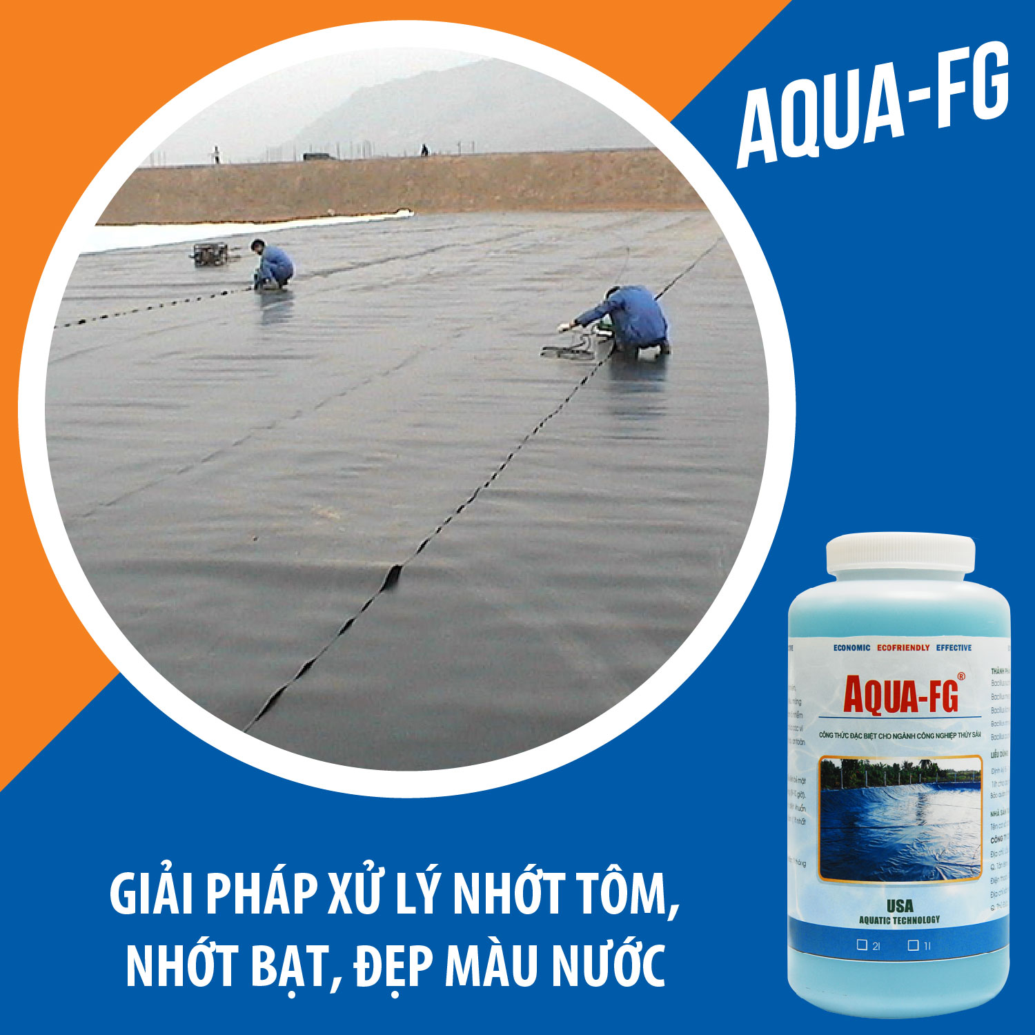 AQUA FG Vi sinh tẩy nhớt bạt, tẩy rong rêu, màng chất béo ao nuôi tôm - Chai 1 lít