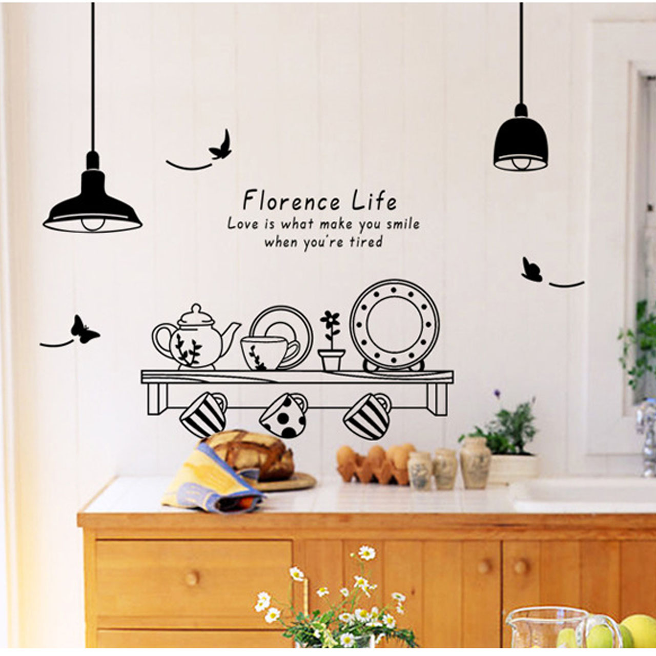 Decal dán tường trang trí phòng bếp- Kệ bếp và ấm chén- mã sp AY9138