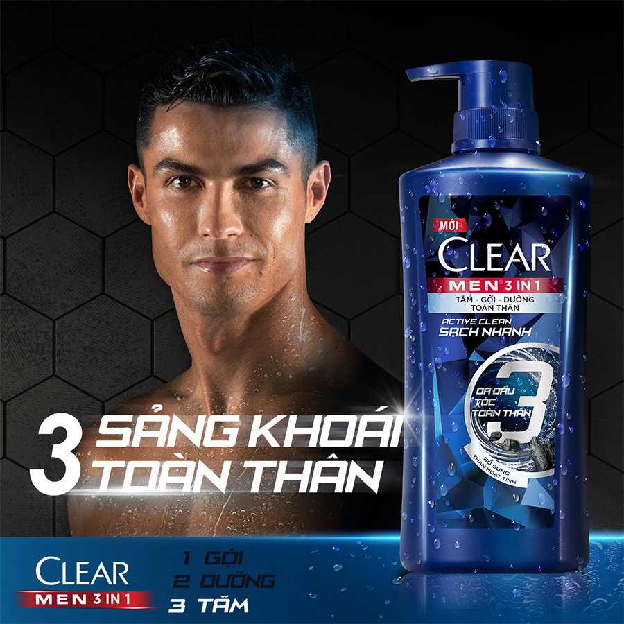 Dầu Tắm - Gội - Dưỡng Sạch Sâu 3 Trong 1 Cho Nam Clear Men Active Clean Sạch Nhanh Bổ Sung Tinh Thể Bạc Hà Mát Lạnh 630g