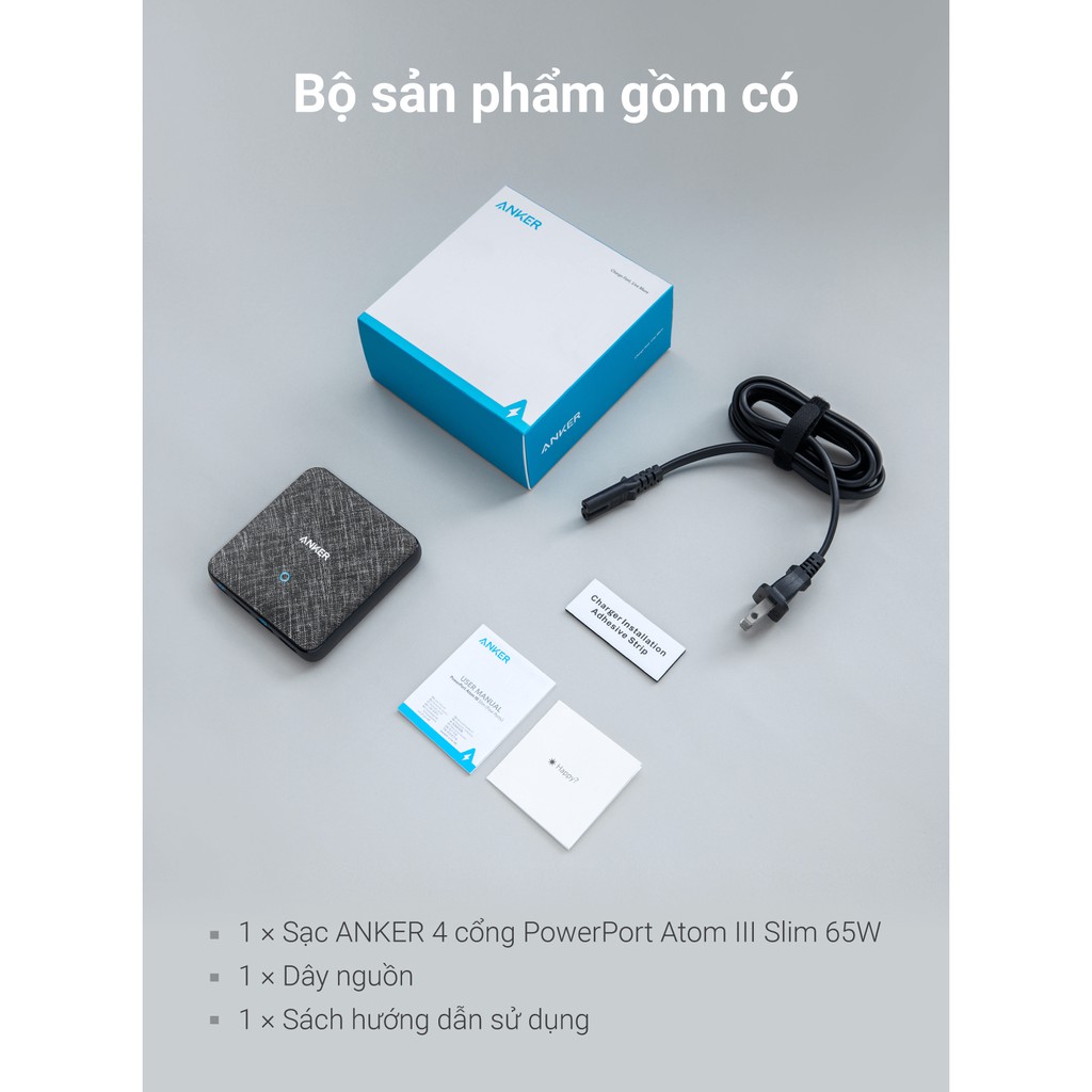 Adapter Sạc 4 Cổng Anker PowerPort Atom III Slim 65W PIQ 3.0 &amp; GaN Tích Hợp USB Type-C Hỗ Trợ Sạc Nhanh - A2045 - Hàng Chính Hãng