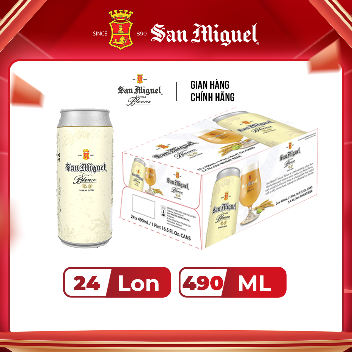 Thùng 24 lon Bia Lúa Mì Trắng San Miguel Cerveza Blanca Lon 490 ml