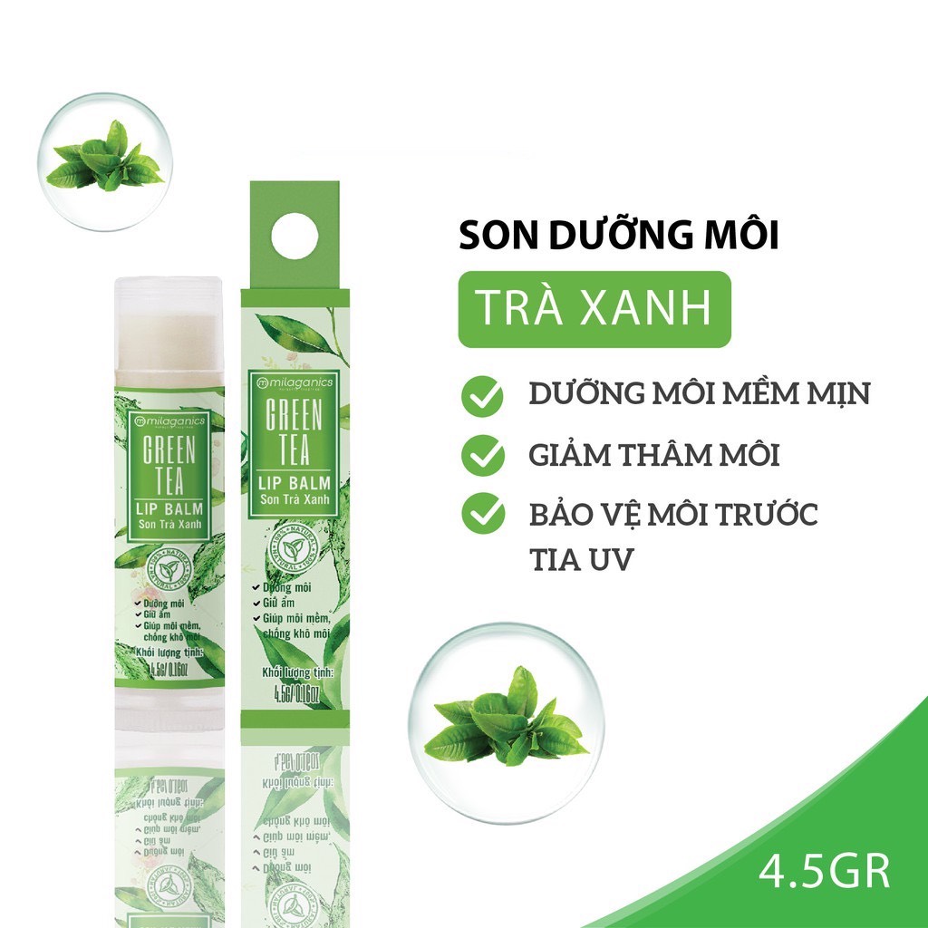 Son Trà Xanh Thiên Nhiên Dưỡng Môi, Giảm Thâm Milaganics (4.5g)