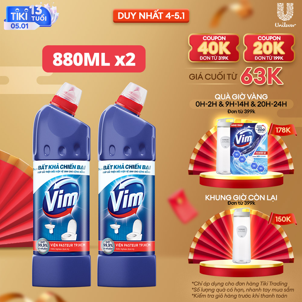 Combo 2 Nước Tẩy Bồn Cầu Vim 880ml Diệt 99,9% Vi Khuẩn