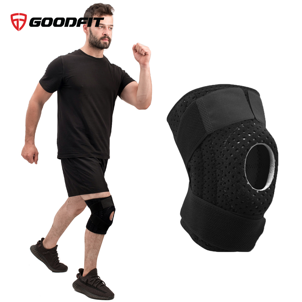 Bó gối thể thao, băng đầu gối tập gym GoodFit đệm silicone, thanh lò xo trợ lực GF512K