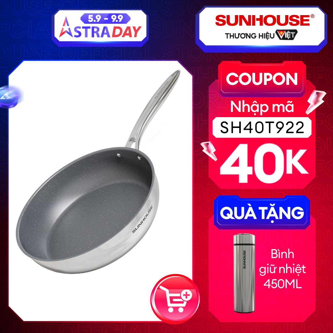 Chảo Inox Nguyên Khối Sunhouse Desire DEM - Dùng cho mọi loại bếp - Hàng chính hãng