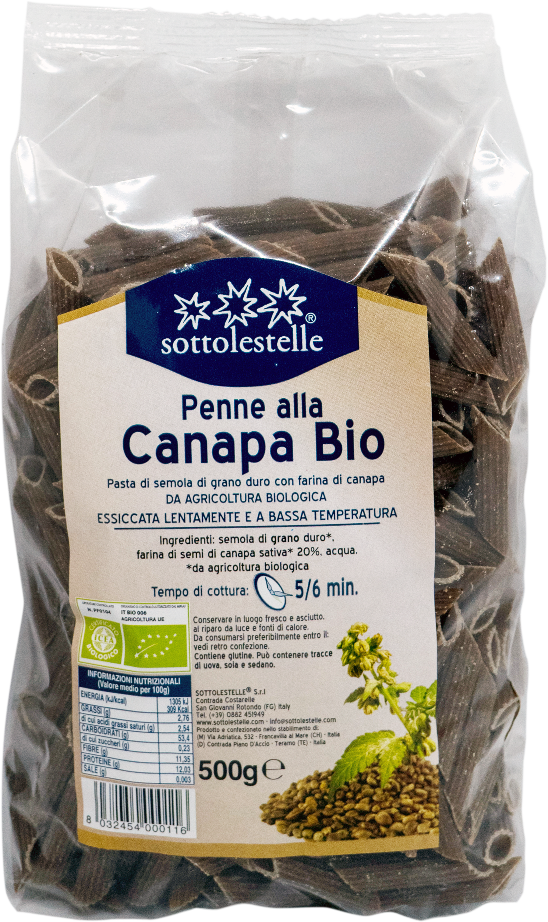 Nui ống gai dầu nguyên cám hữu cơ Sotto 500g Organic Hemp Penne