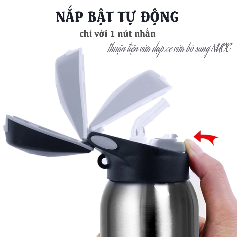 Bình Đựng Nước Thể Thao Giữ Nhiệt Inox Không Gỉ 500ml Gắn Trên Xe Đạp/ Ô tô/ Xe Hơi Có Ống Hút - Hàng Chính Hãng