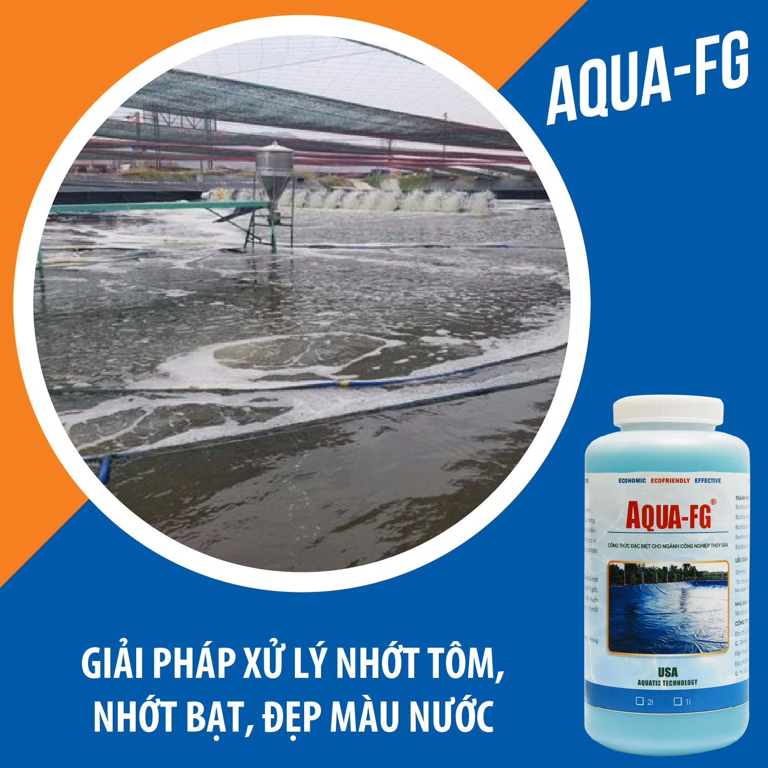 AQUA FG Vi sinh tẩy nhớt bạt, tẩy rong rêu, màng chất béo ao nuôi tôm - Chai 1 lít