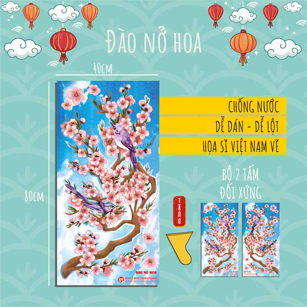 Đào Nở Hoa - Bộ 2 tấm 40x80cm decal trang trí tết