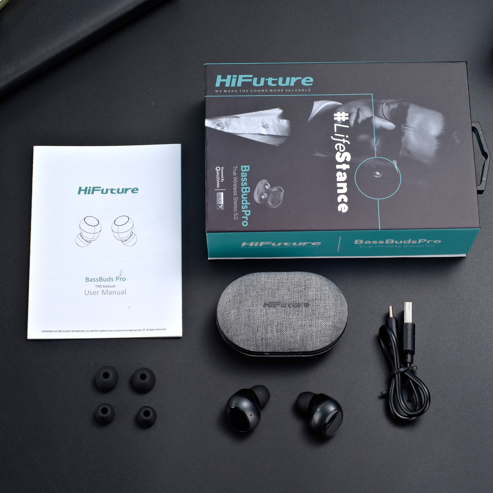 Tai nghe Bluetooth 5.0 - Tai nghe TWS - BassBuds Pro - HiFuture - Qualcomm Chipset - Soft Bass Acoustic/Stereo/Touch Control/IPX6/Up to 27hr/Auto connect (Hàng chính hãng)
