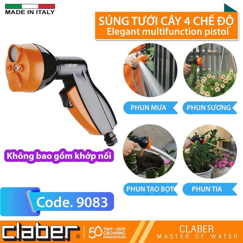 Vòi Tưới Cây Đa Năng Claber Elegant 9083, nhựa ABS, kết nối nhanh, tưới 4 chế độ