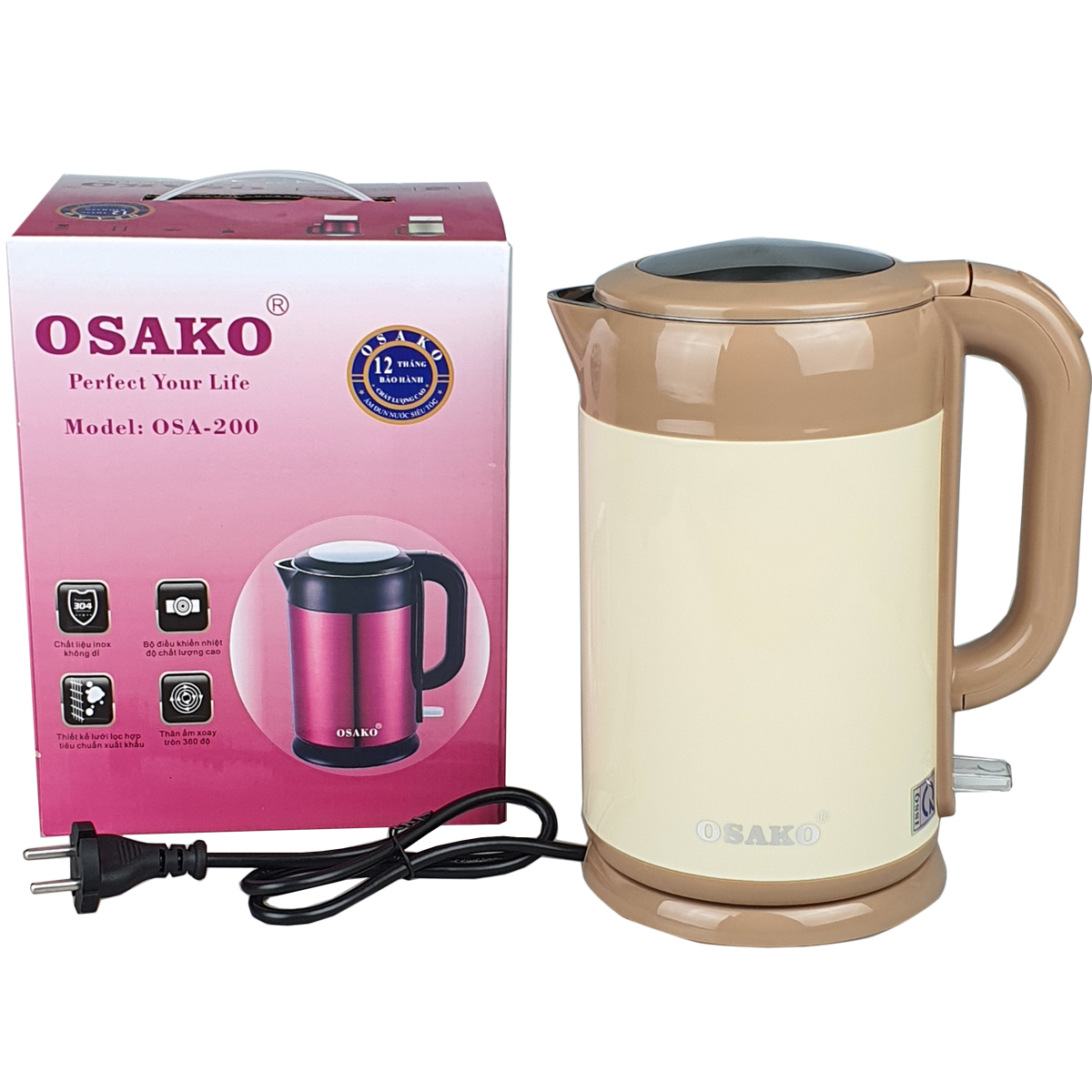 Ấm Siêu Tốc 2L Inox 304 Osako OSA-200 2 Lớp Công Suất 1500W Đun Sôi Cực Nhanh Tiết Kiệm Điện -Hàng Chính Hãng