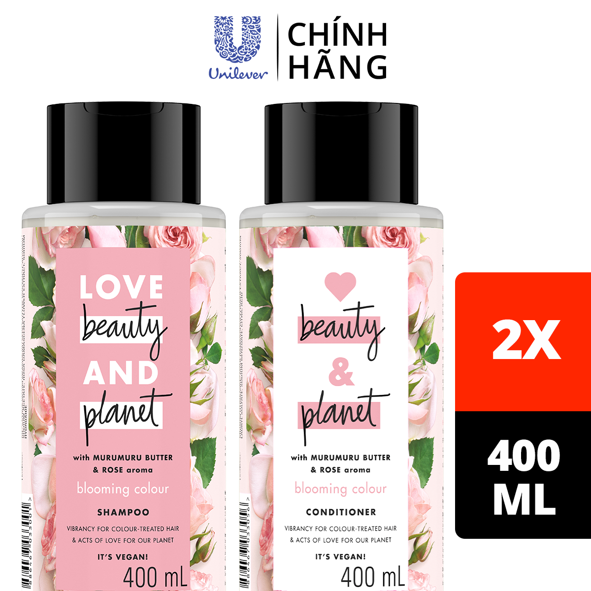 Combo 400ml x2 Dầu Gội Và Dầu Xả Love Beauty And Planet Óng Mượt Rạng Rỡ Với 100% Tinh Dầu Hoa Hồng Bulgaria Và Bơ Murumuru