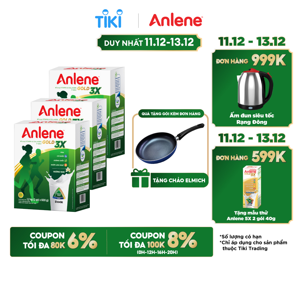 Combo 3 Sữa Bột Anlene Gold 3X Hương Vanilla (Hộp giấy 1200g) tặng chảo Elmich