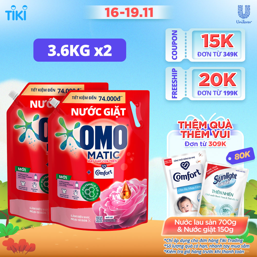 Combo 2 túi Nước giặt OMO Matic Comfort Hương Hoa Hồng Ecuador cho máy giặt cửa trên, túi 4.1kg