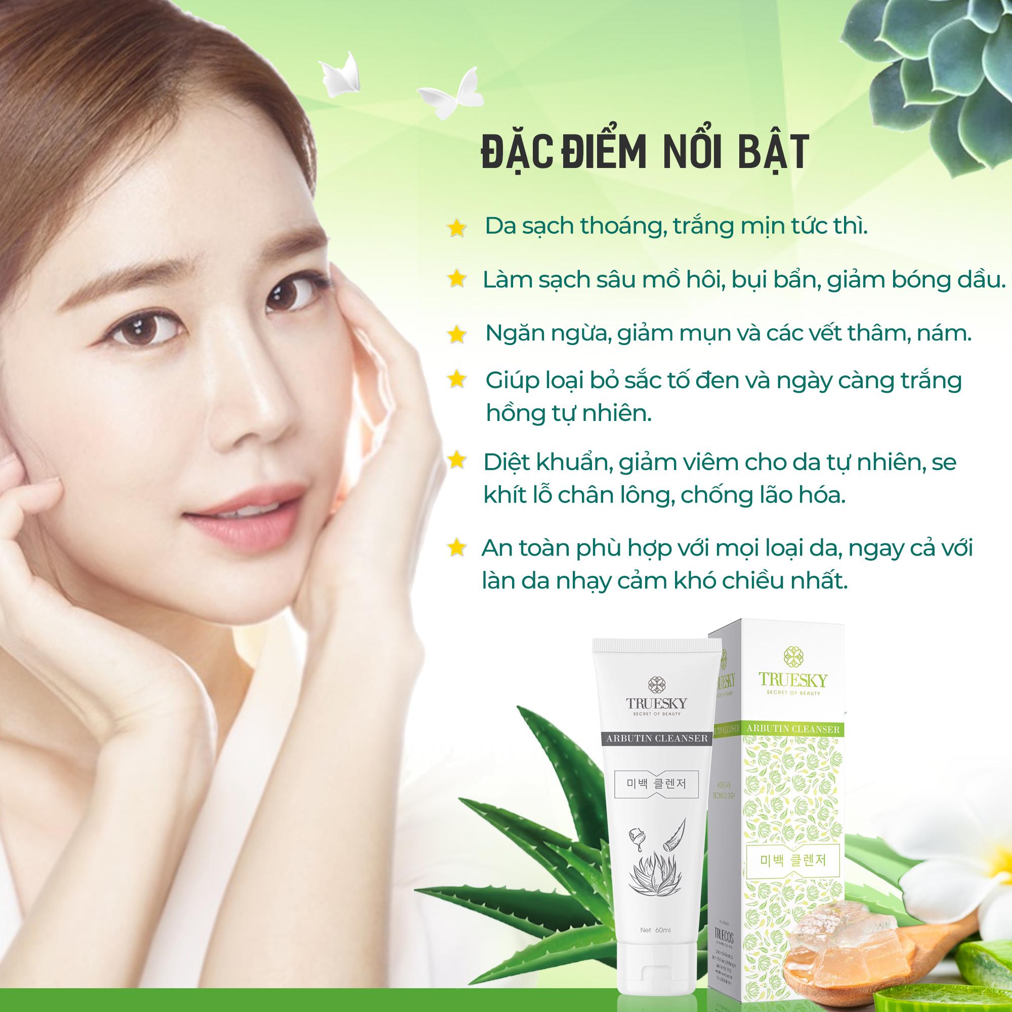 Sữa rửa mặt trắng da Truesky chiết xuất nha đam dạng tạo bọt chính hãng 60ml - Arbutin Cleanser