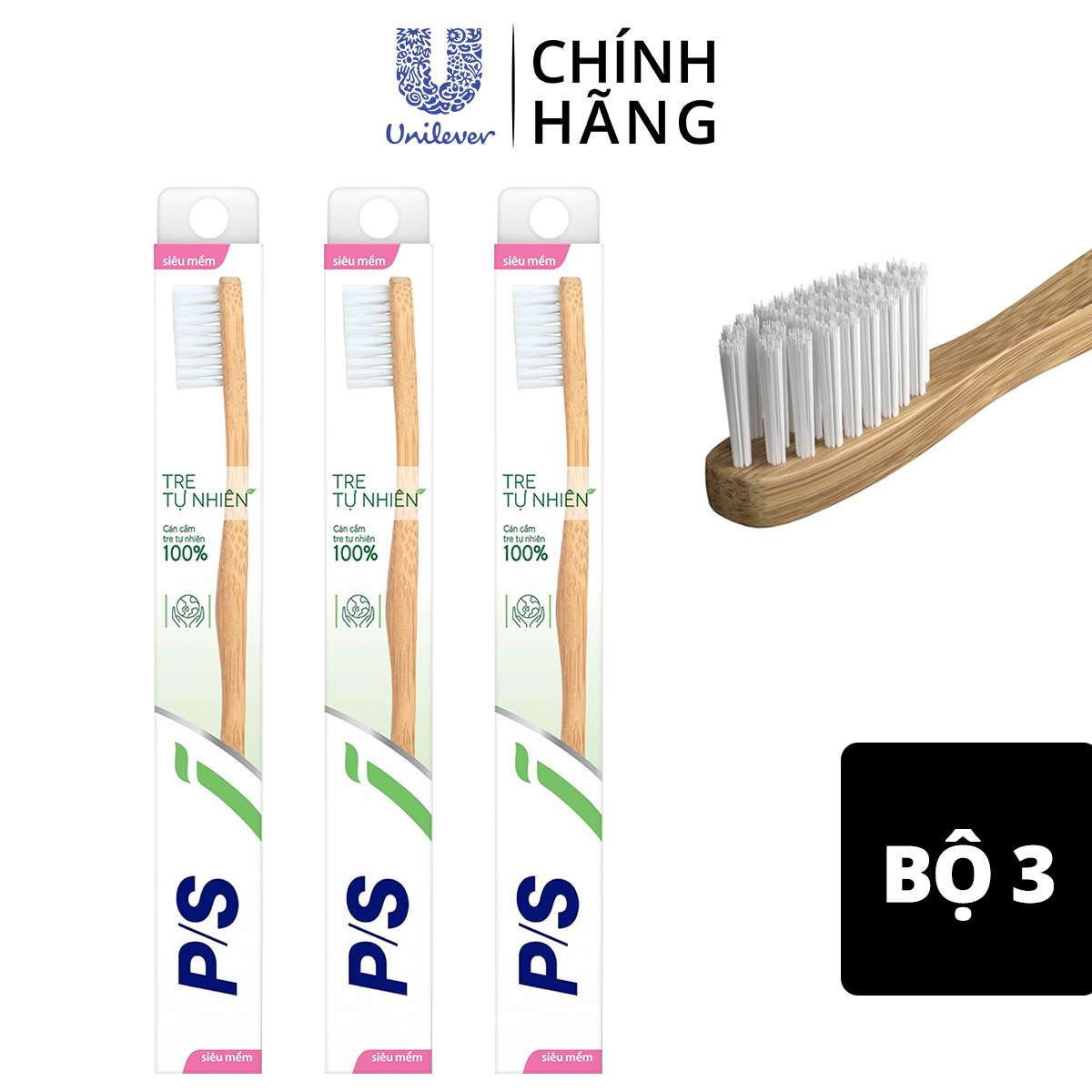 Combo 3 Bàn Chải Đánh Răng P/S Tre Tự Nhiên Cán Cầm Bằng Tre Tự Nhiên 100%