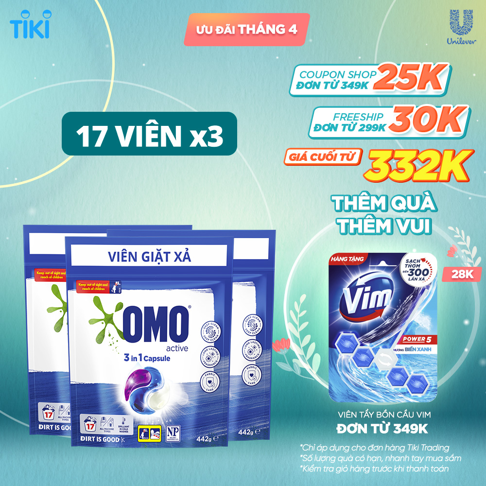 Combo 3 Túi Viên Giặt Quần Áo Omo Cho Máy Giặt Cửa Trước Và Cửa Trên Công Nghệ Anh Quốc 17 Viên