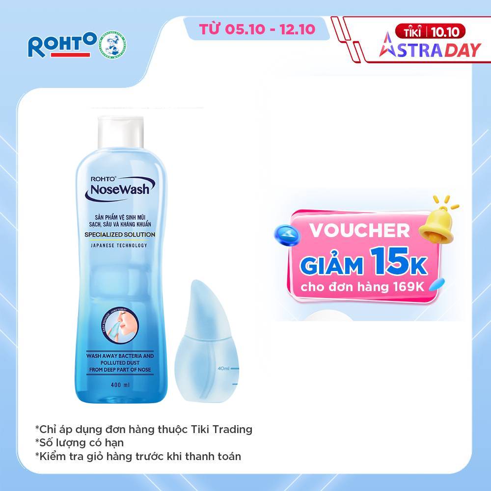 Bộ sản phẩm rửa mũi tiện dụng Rohto NoseWash (1 bình vệ sinh mũi Easy Shower + 1 chai dung dịch 400ml)